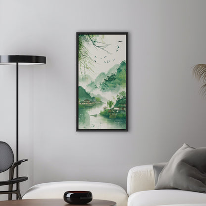 Enchanting spring scenery with green mountains and swallows flying above houses on riverbank, in traditional Chinese ink painting style - Serene Mountain Retreat