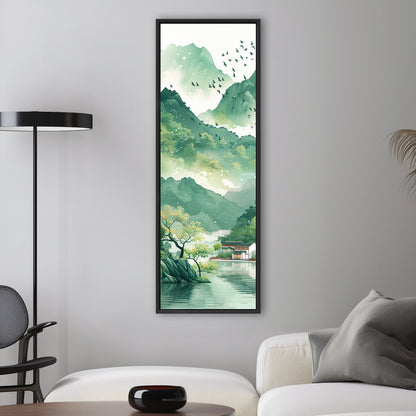 Asian Landscape watercolor with village and green mountains - Ethereal Spring Whispers