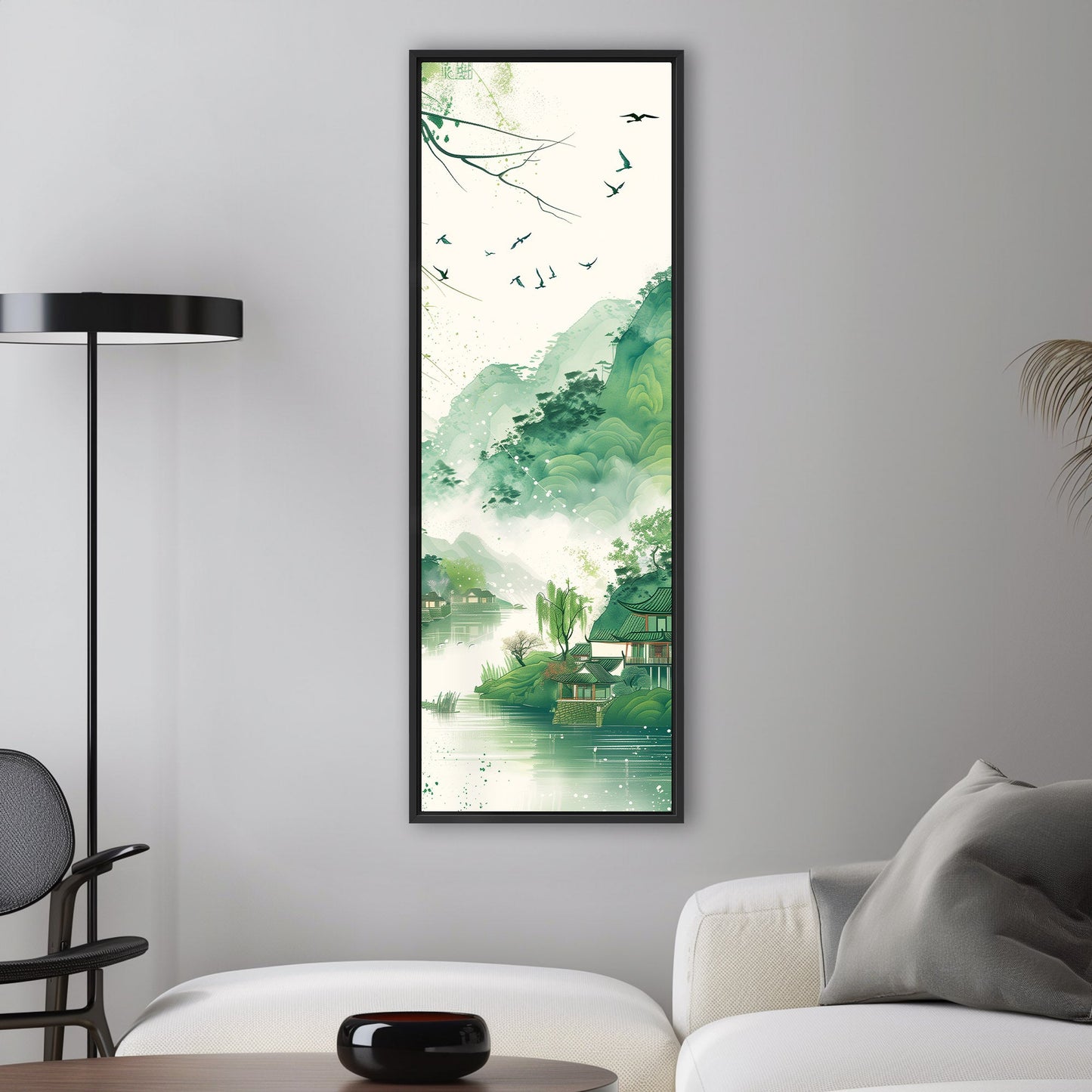 Enchanting spring scenery with green mountains and swallows flying above houses on riverbank, in traditional Chinese ink painting style - Serene Mountain Retreat