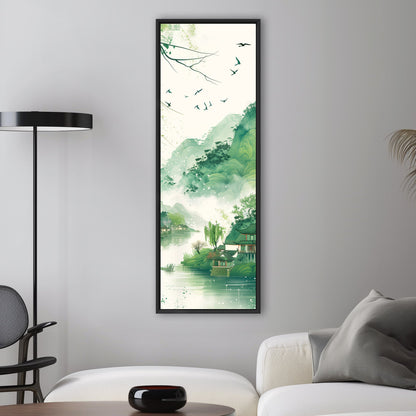 Enchanting spring scenery with green mountains and swallows flying above houses on riverbank, in traditional Chinese ink painting style - Serene Mountain Retreat