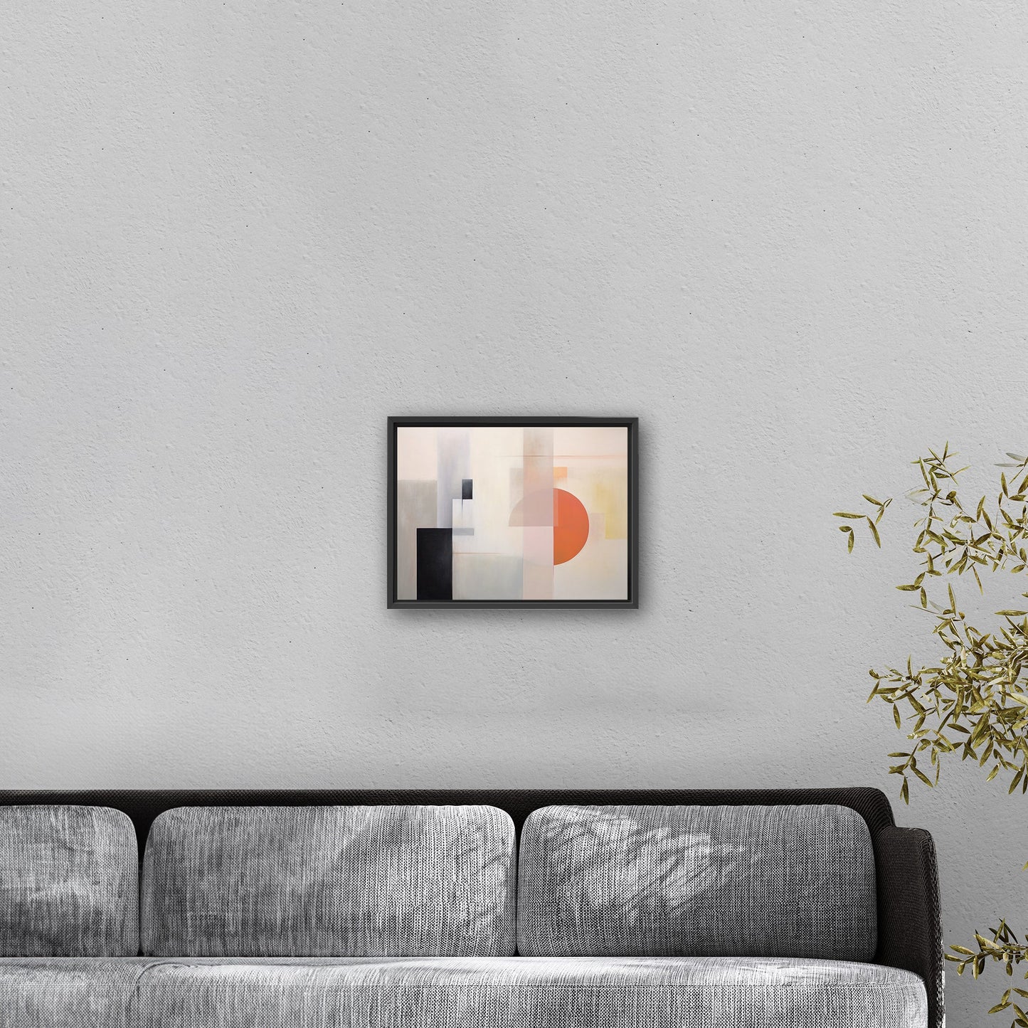 Abstract Geometric Black, Grey, Orange Shapes Painting - Mystic Horizon