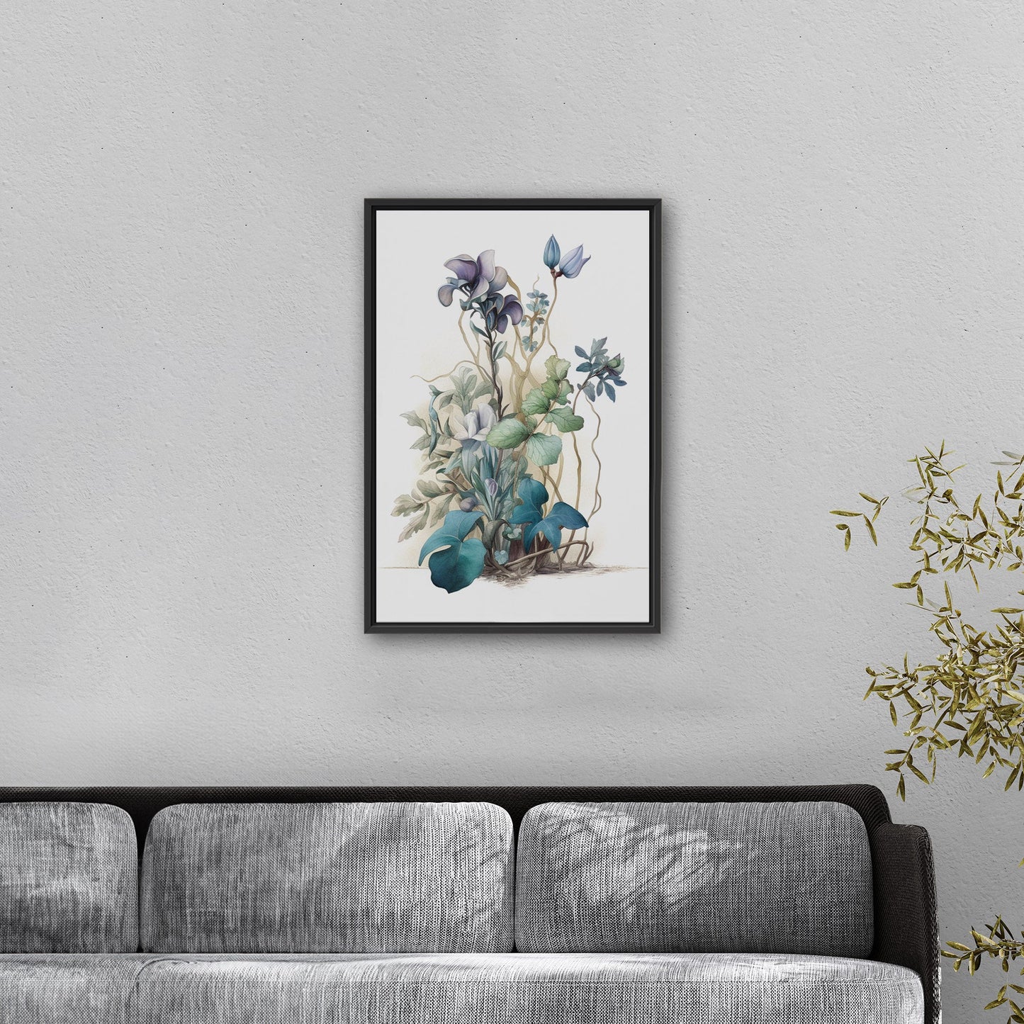 Watercolor of Wildflowers in Blues, Teals and Greens - Botanical Elegance