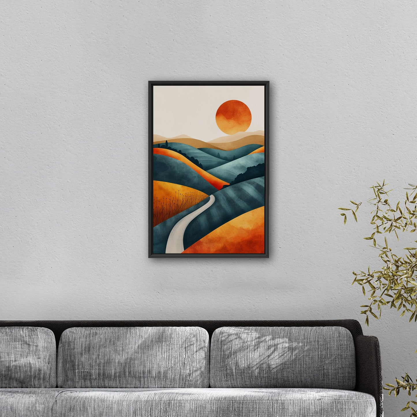 Abstract Hills at Sunset in Orange and Blue - Vivid Dreamscape: Path to Serenity