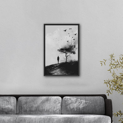 Painting of Silhouetted Man by a Tree with Blackbirds- Elegance in Monochrome