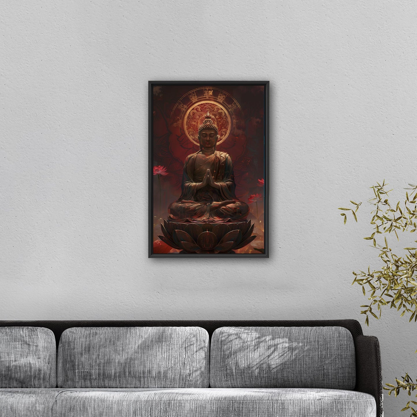 Buddha Statue in Lotus Position, Red Hues - Serene Ascension