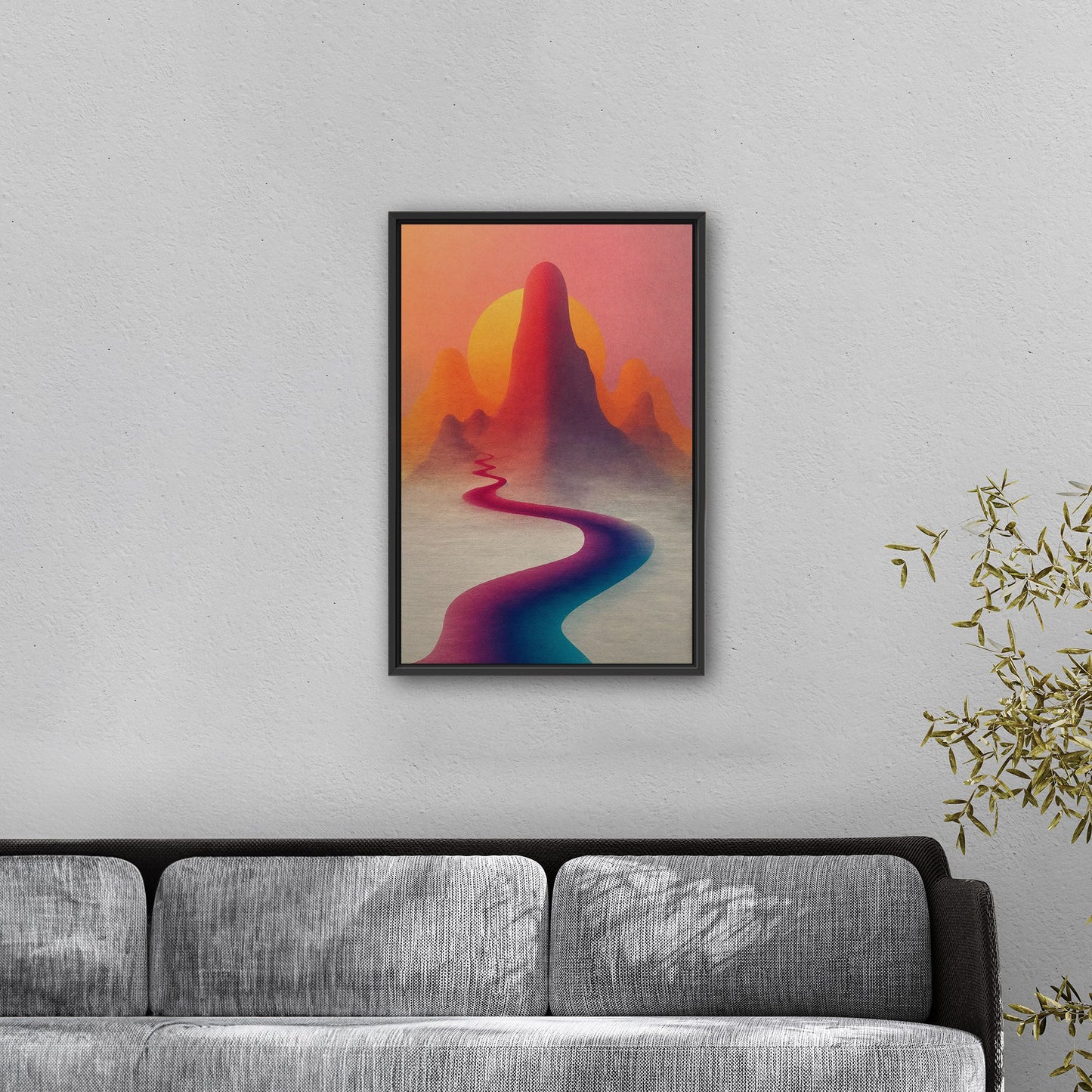 Minimalist Abstract Digital Render of Road Leading to Mountains at Sunrise - Sunburst Aspirations