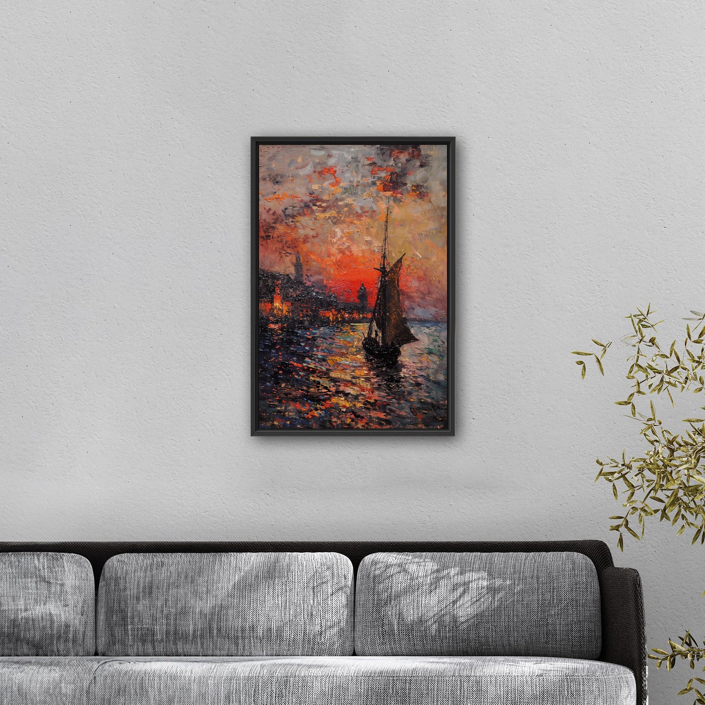 Impressionist Landscape of Sailboat Arriving at a Town - Sunset Dreams Over Lisbon Skyline Monetized