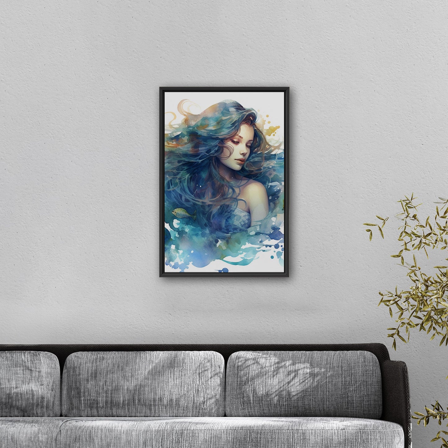 Watercolor Mermaid Portrait in Blue - Enchanting Mermaid's Mystical Underwater Dance