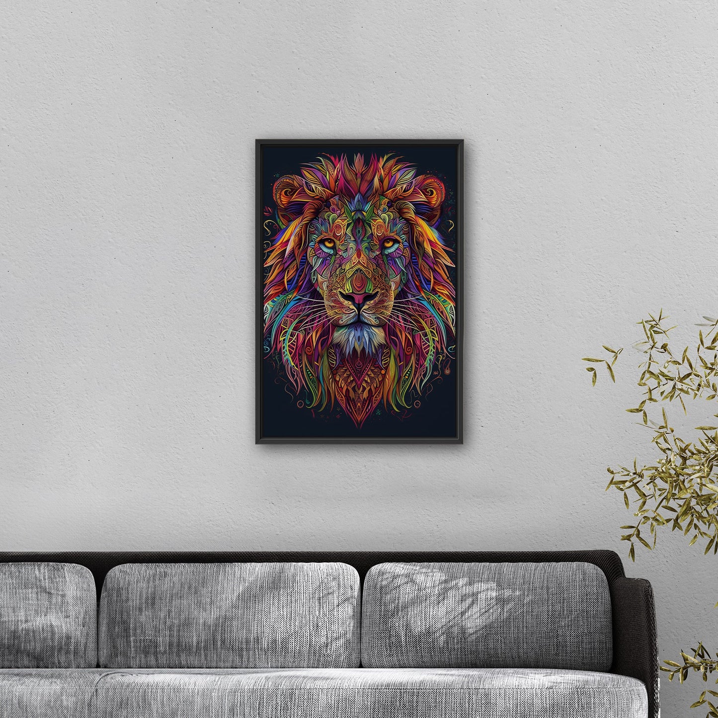 Multicolor Vibrant Digital Drawing of Majestic Lion Face - Lion's Vibrant Mandala Dance