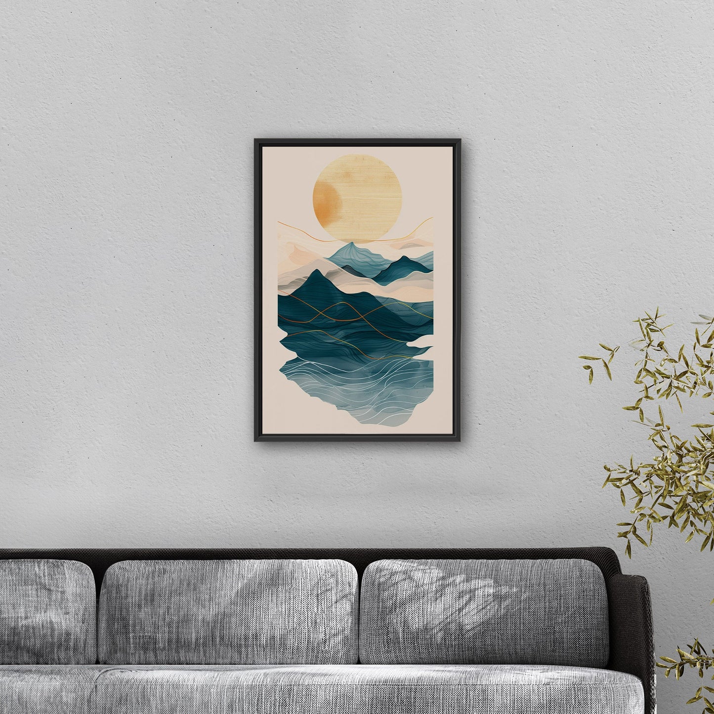 Abstract wall art featuring ocean waves, mountains, and sun - Tranquil Nature Revival