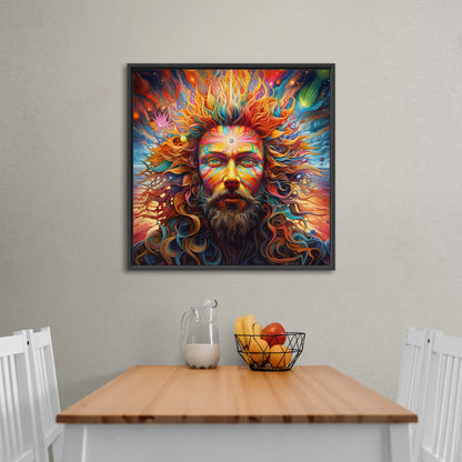 Psychedelic portrait of Oden with flowing rainbow hair