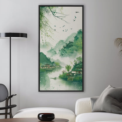 Enchanting spring scenery with green mountains and swallows flying above houses on riverbank, in traditional Chinese ink painting style - Serene Mountain Retreat