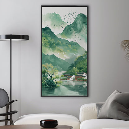 Asian Landscape watercolor with village and green mountains - Ethereal Spring Whispers