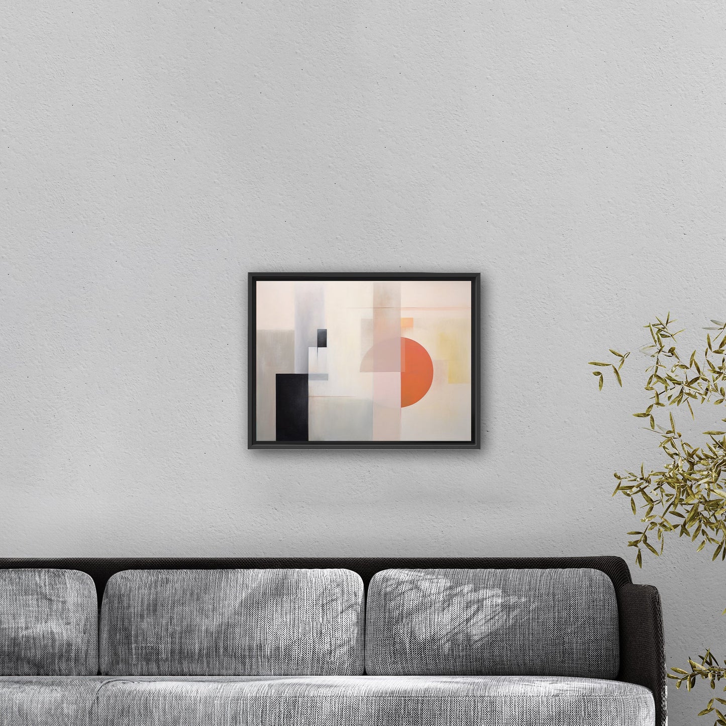 Abstract Geometric Black, Grey, Orange Shapes Painting - Mystic Horizon