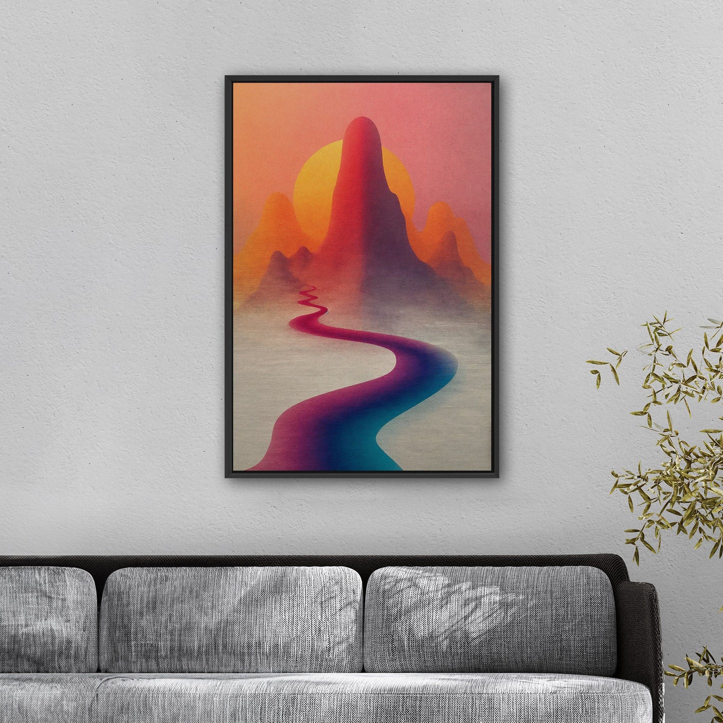 Minimalist Abstract Digital Render of Road Leading to Mountains at Sunrise - Sunburst Aspirations