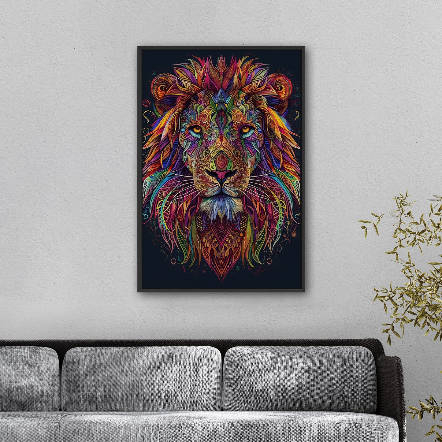 Multicolor Vibrant Digital Drawing of Majestic Lion Face - Lion's Vibrant Mandala Dance