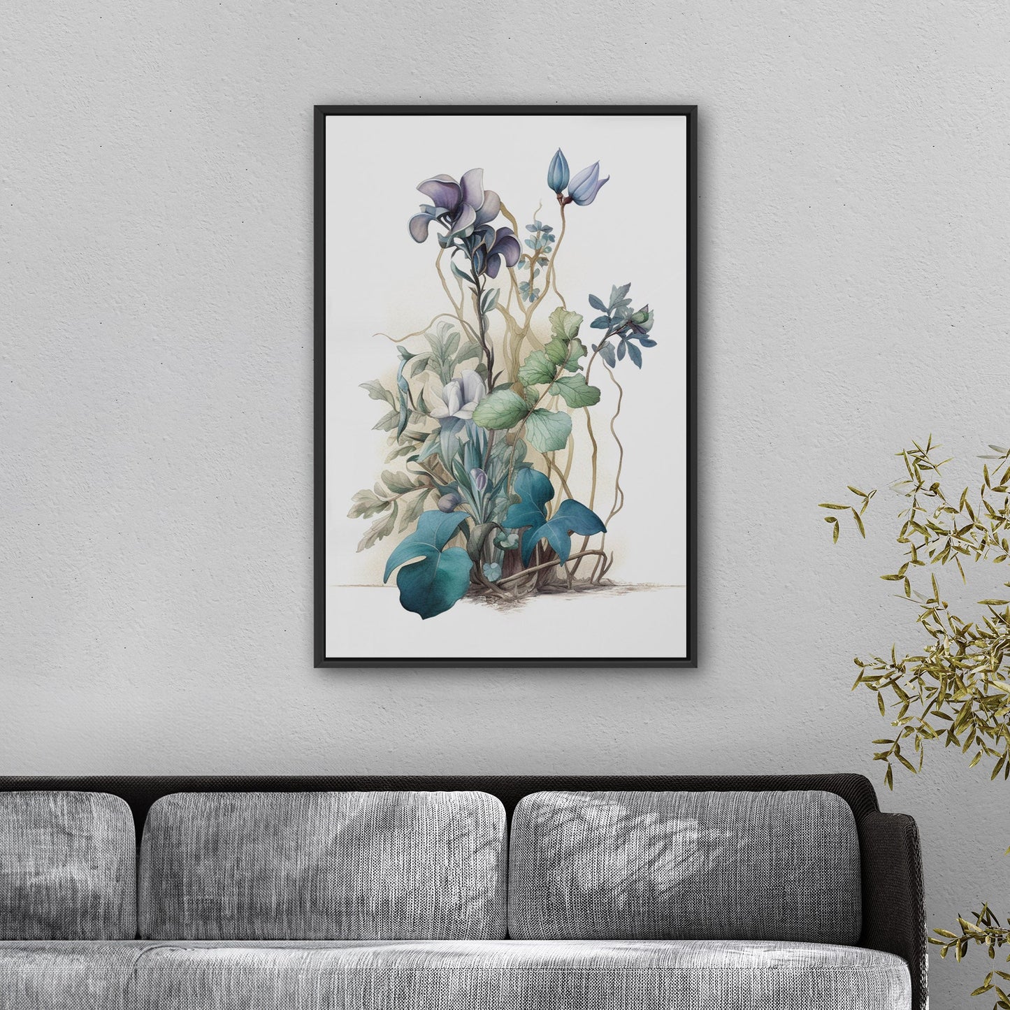 Watercolor of Wildflowers in Blues, Teals and Greens - Botanical Elegance