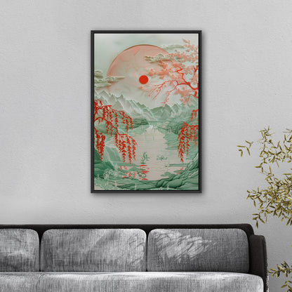 Asian Paper cut style landscape art - Ethereal Willow Dance on Crimson River