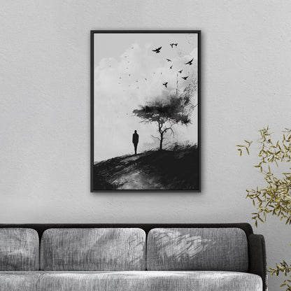 Painting of Silhouetted Man by a Tree with Blackbirds- Elegance in Monochrome