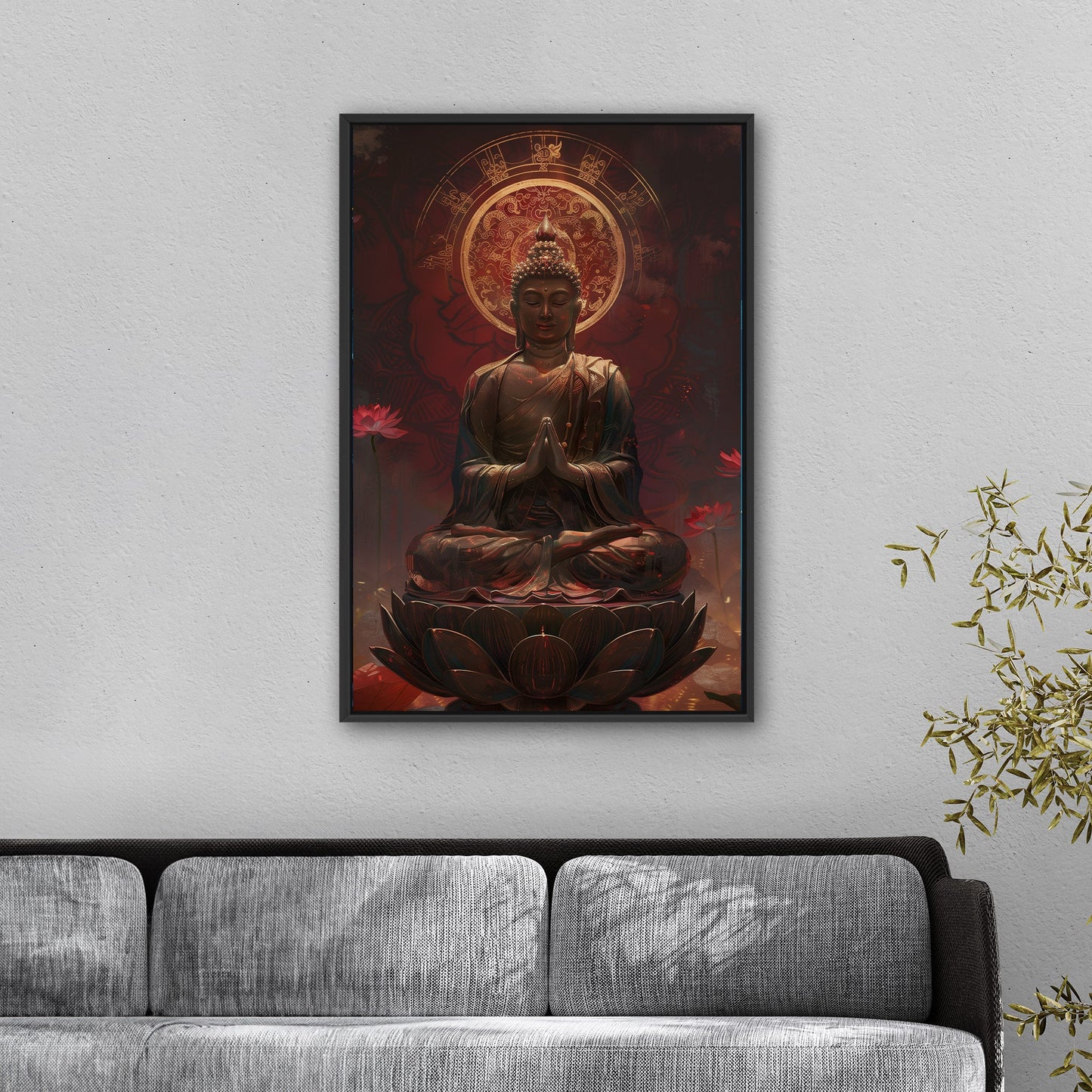 Buddha Statue in Lotus Position, Red Hues - Serene Ascension