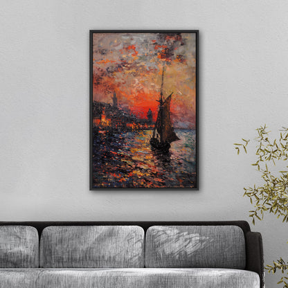 Impressionist Landscape of Sailboat Arriving at a Town - Sunset Dreams Over Lisbon Skyline Monetized