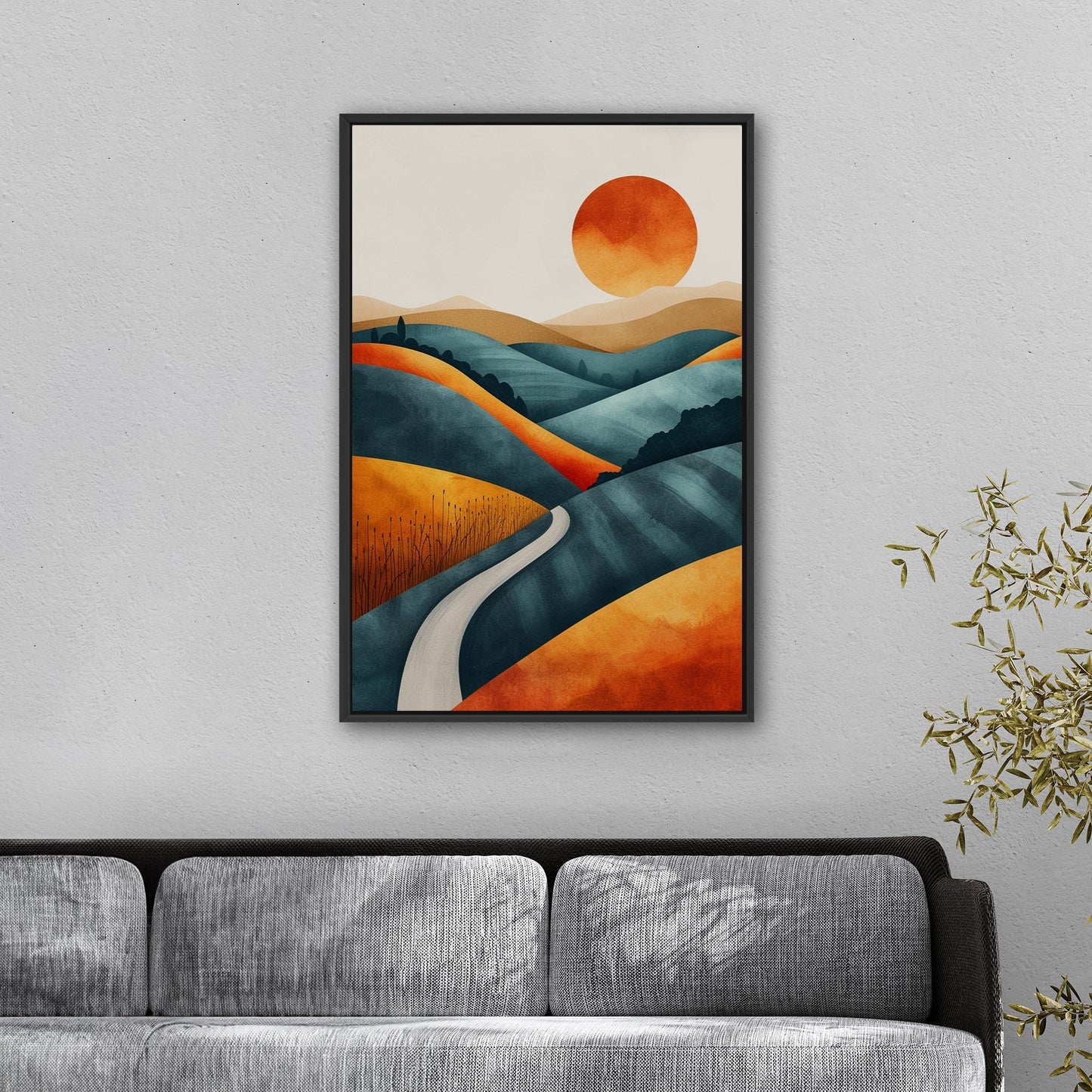 Abstract Hills at Sunset in Orange and Blue - Vivid Dreamscape: Path to Serenity