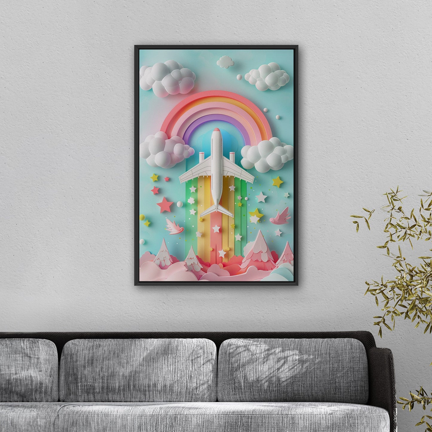 Whimsical paper-cut art featuring plane - Dreamy Rainbow Flight