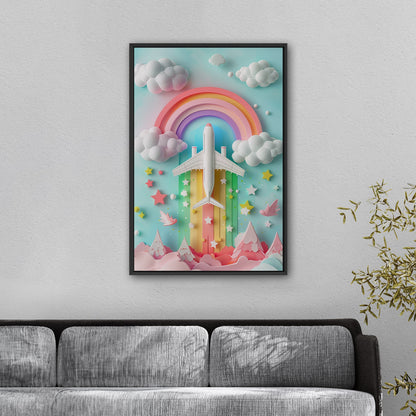 Whimsical paper-cut art featuring plane - Dreamy Rainbow Flight