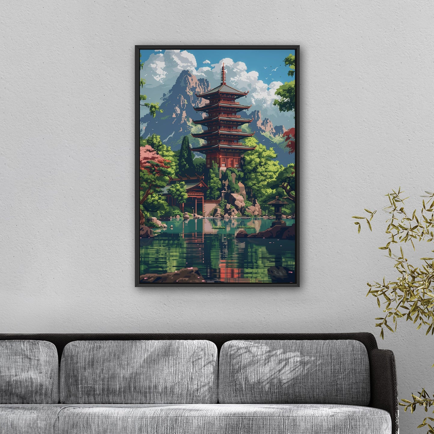 Japanese-inspired fantasy lake pixel art - Enchanted Oasis