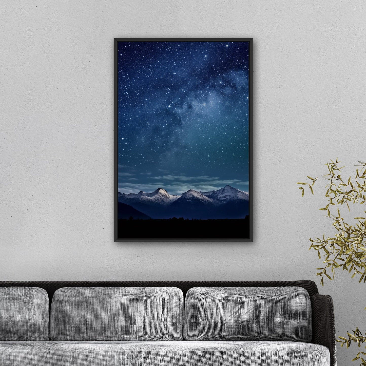 Painting of Star-filled Sky at night with Mountains as Backdrop - Starry Serenity at Midnight