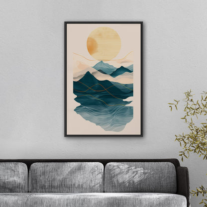 Abstract wall art featuring ocean waves, mountains, and sun - Tranquil Nature Revival