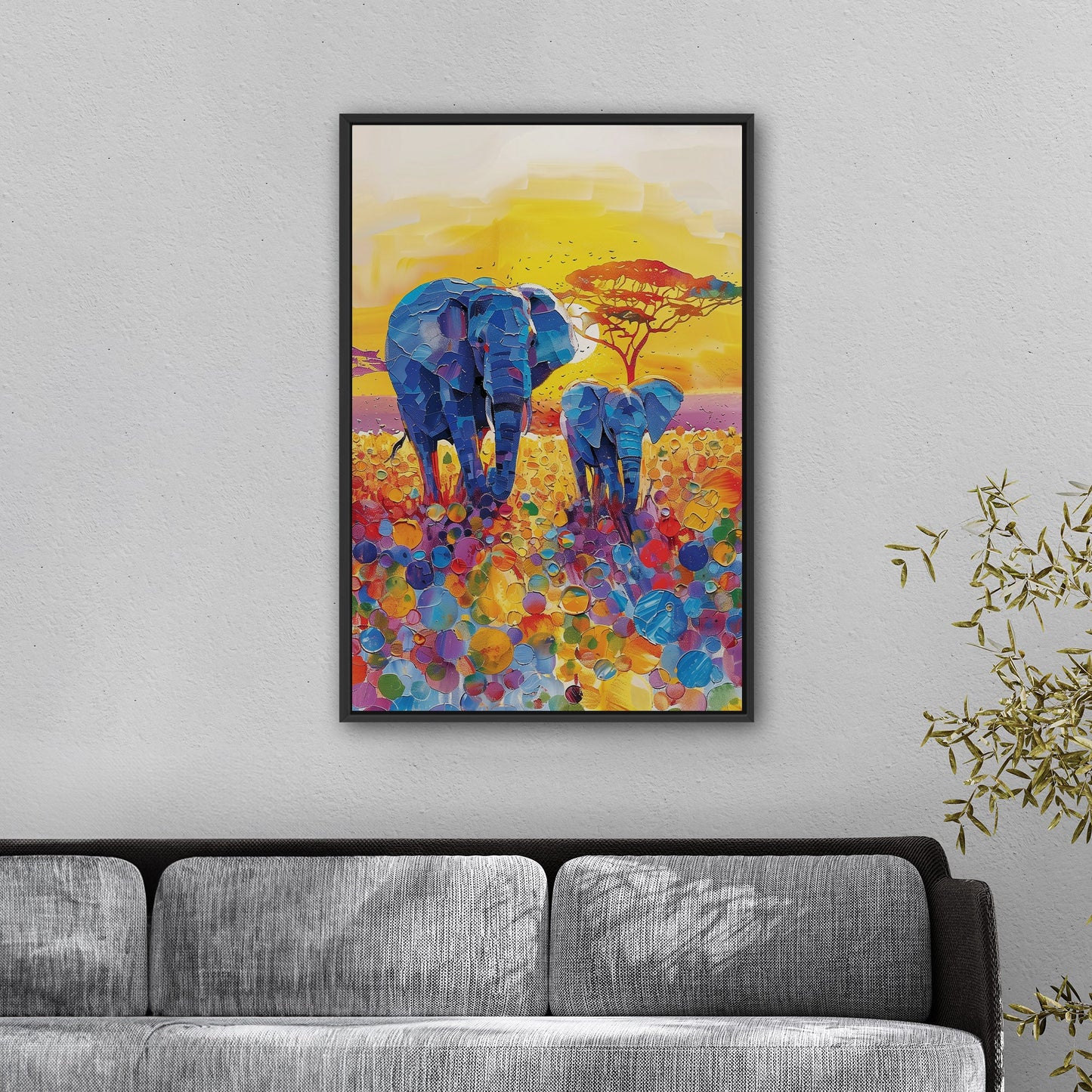 Impressionist Elephant with Child Wandering the Sahara - Elephant Bonding at Sunset