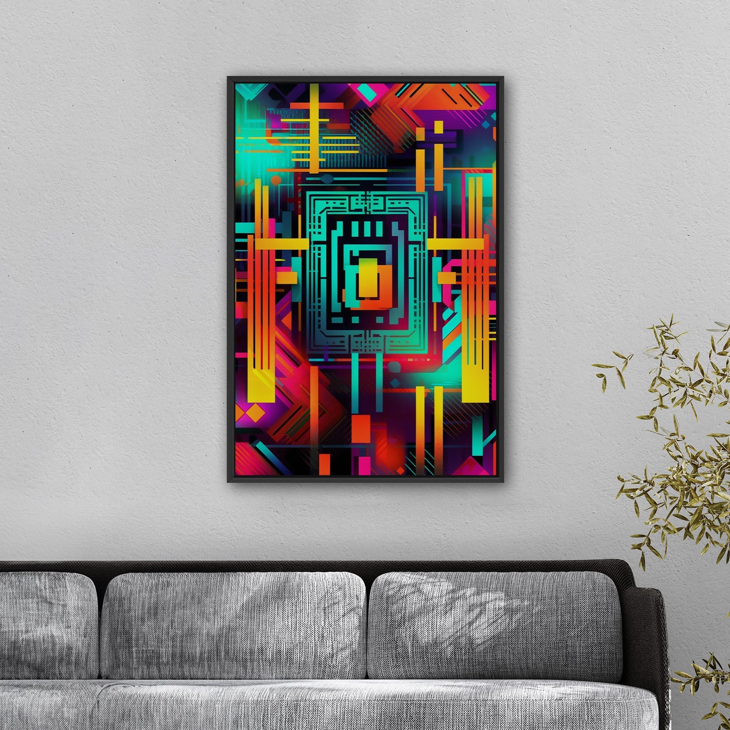 Retro Art Deco Inspired Abstract Digital Render - Neon Galactic Rhythm