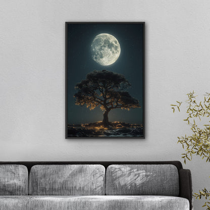 Perfect Isolated Tree with Moon at Night - Moonlit Serenity