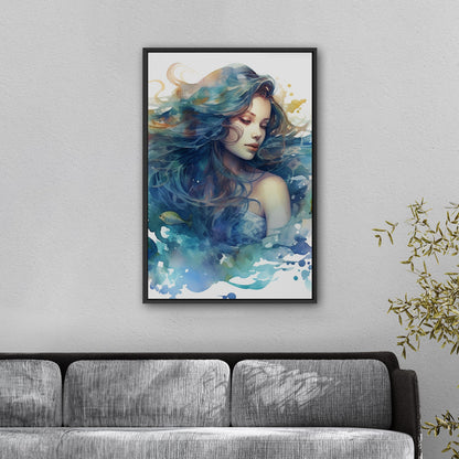 Watercolor Mermaid Portrait in Blue - Enchanting Mermaid's Mystical Underwater Dance