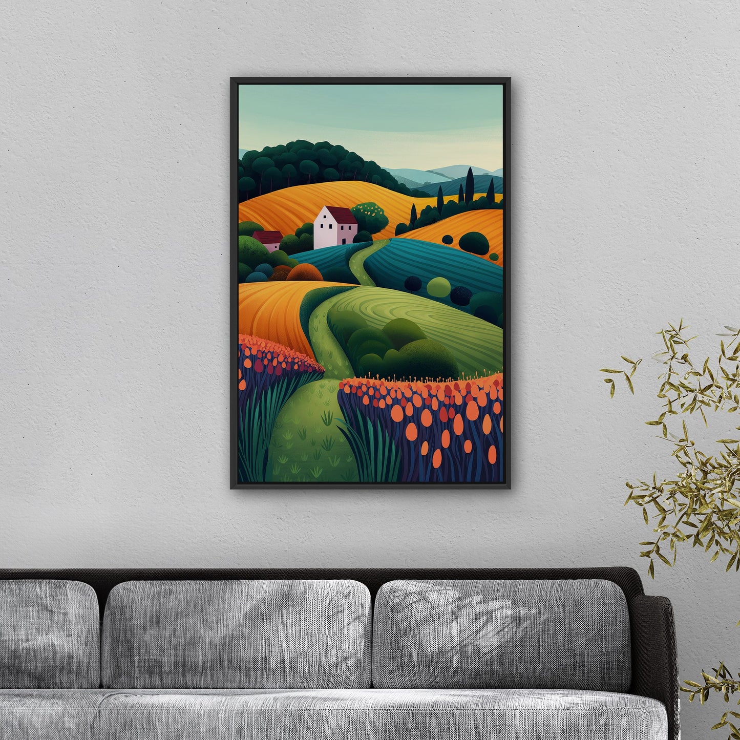 Stylized Digital Illustration of Countryside Vista - Dynamic Dreamscape