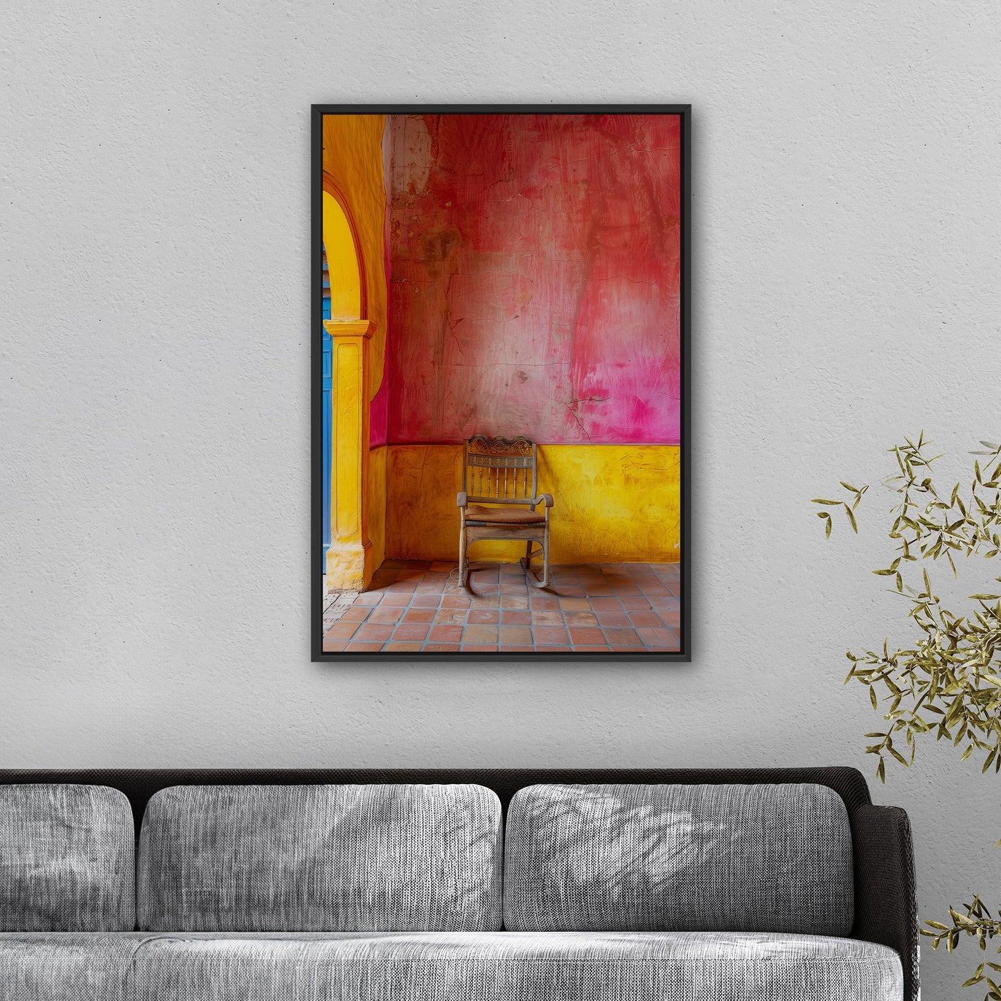 Old Wooden Chair Against a Textured Wall - Vibrant Still Life