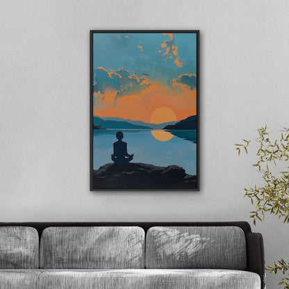 A serene landscape with a person meditating at sunrise: Transcendental Dawn Awakening