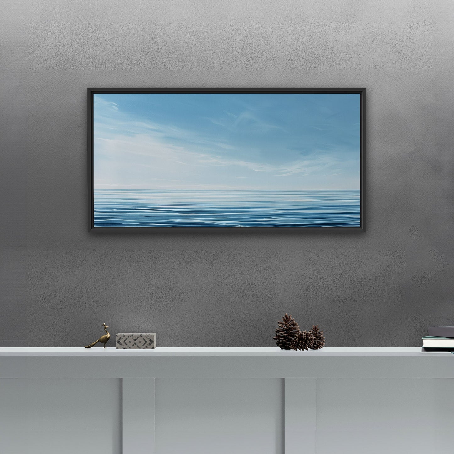 Minimalist abstract brush stroke painting of ocean and blue sky - Tranquil Serenity