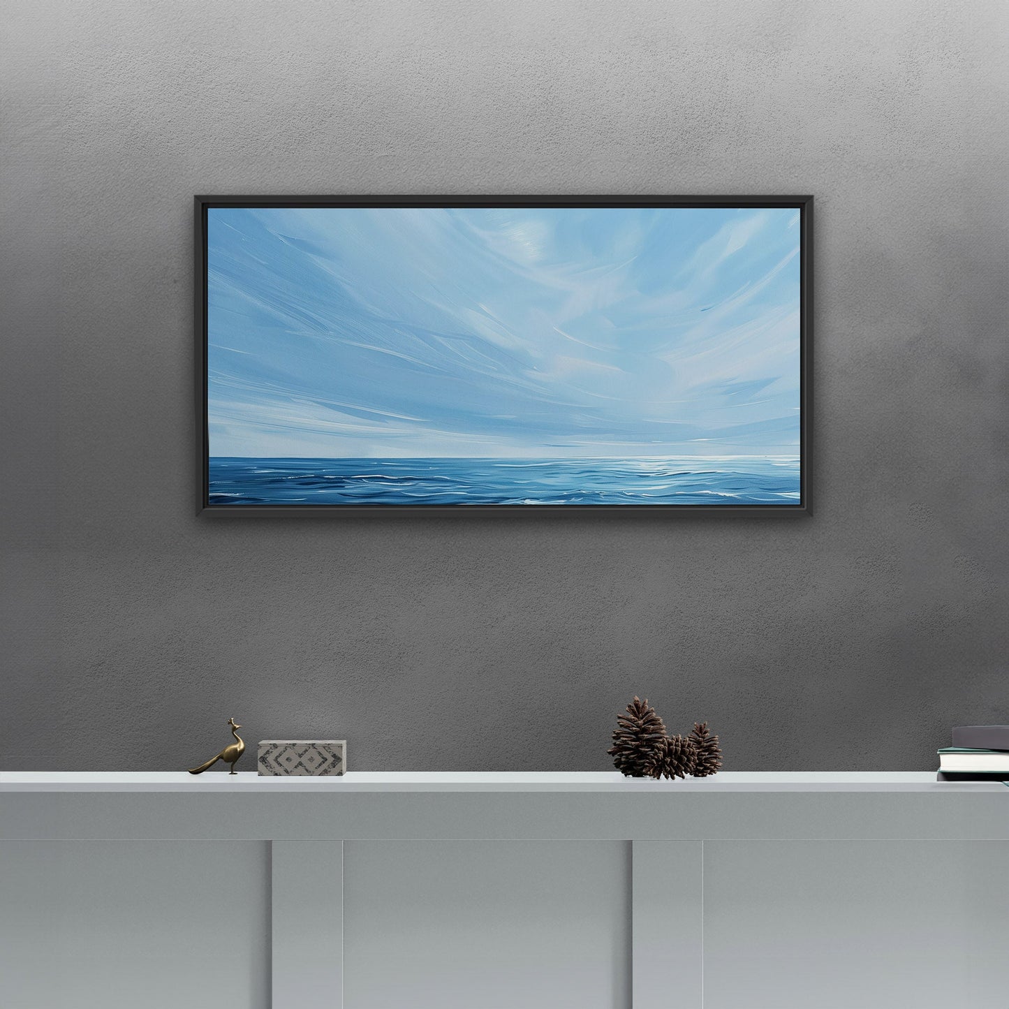 Minimalist abstract brush stroke painting of ocean and blue sky - Tranquil Seaside Serenity