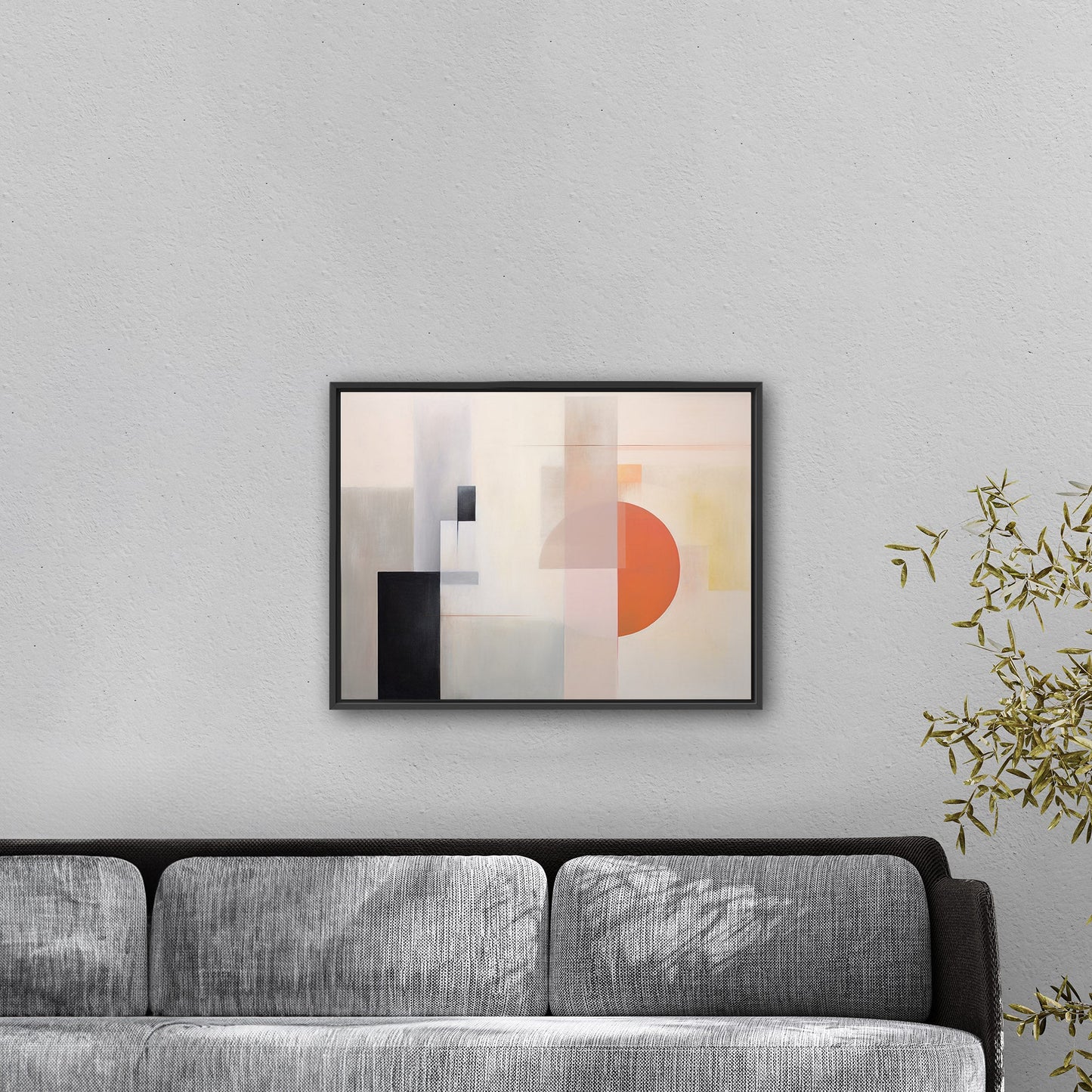 Abstract Geometric Black, Grey, Orange Shapes Painting - Mystic Horizon