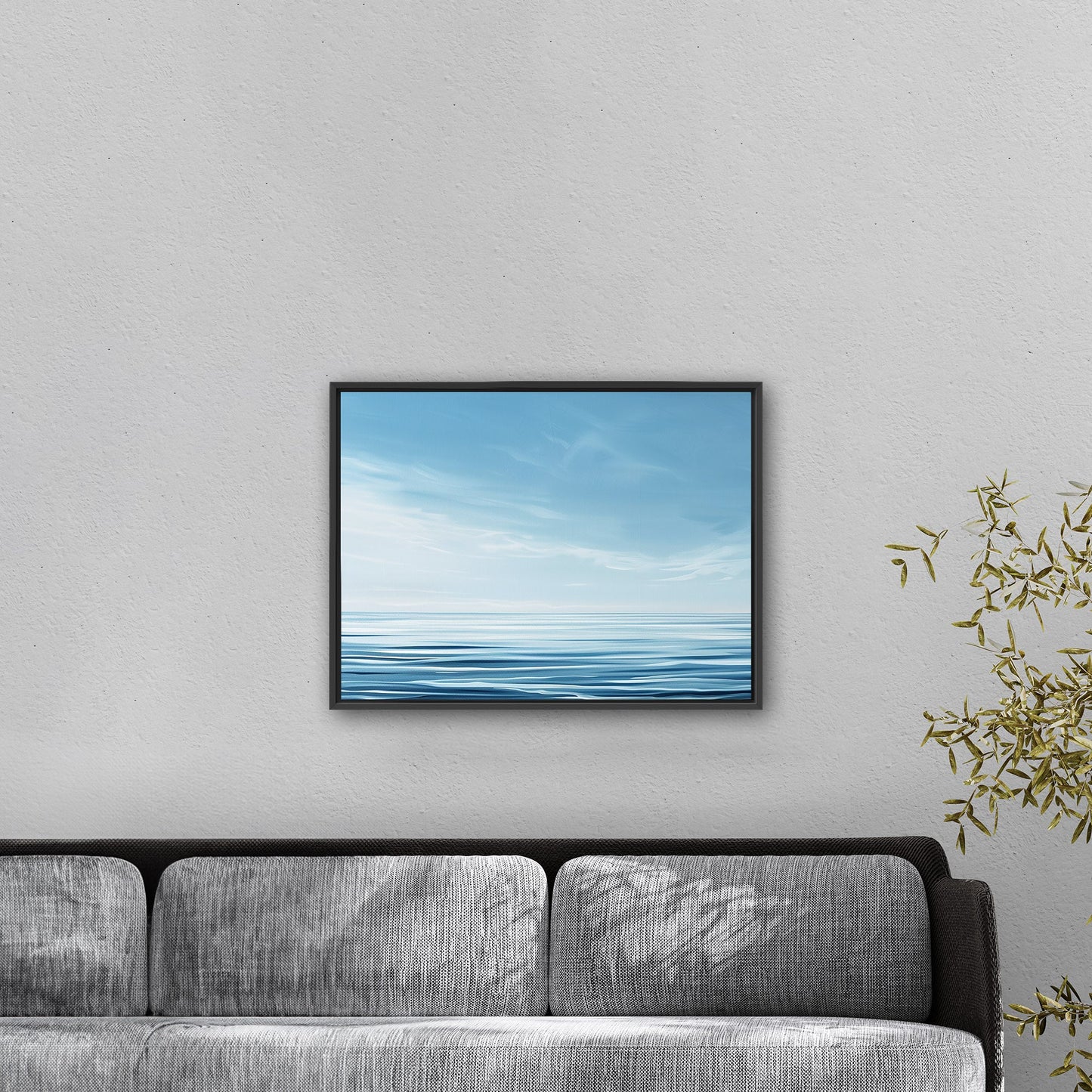 Minimalist abstract brush stroke painting of ocean and blue sky - Serenity Sky Vision