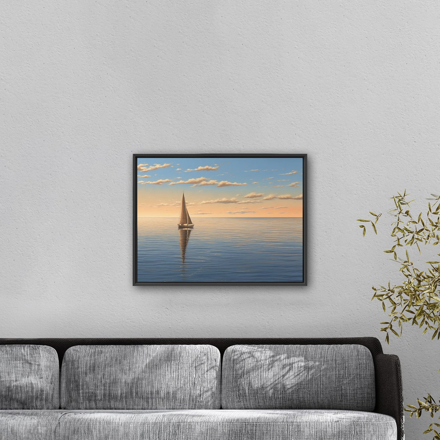 Lone Sailboat at Sunset Painting - Tranquil Sails on the Vast Horizon