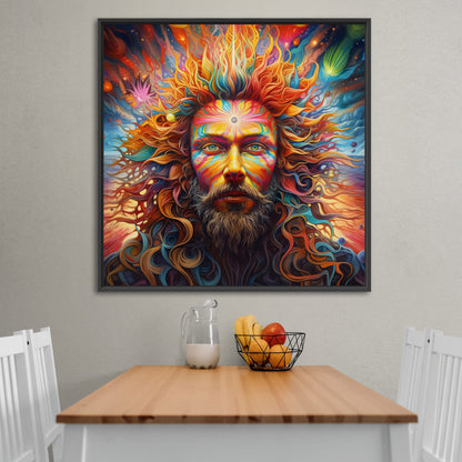 Psychedelic portrait of Oden with flowing rainbow hair