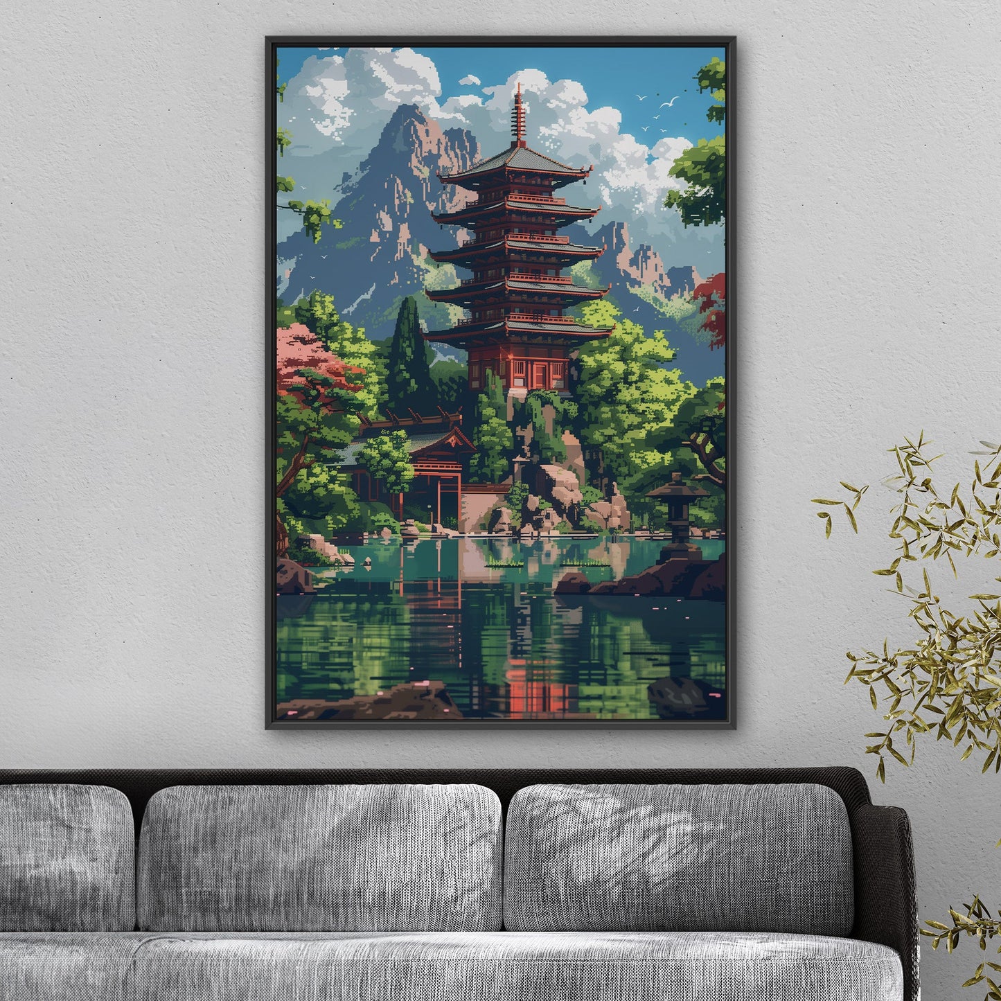 Japanese-inspired fantasy lake pixel art - Enchanted Oasis