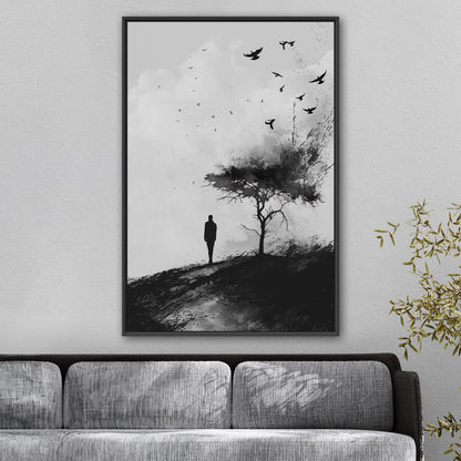 Painting of Silhouetted Man by a Tree with Blackbirds- Elegance in Monochrome