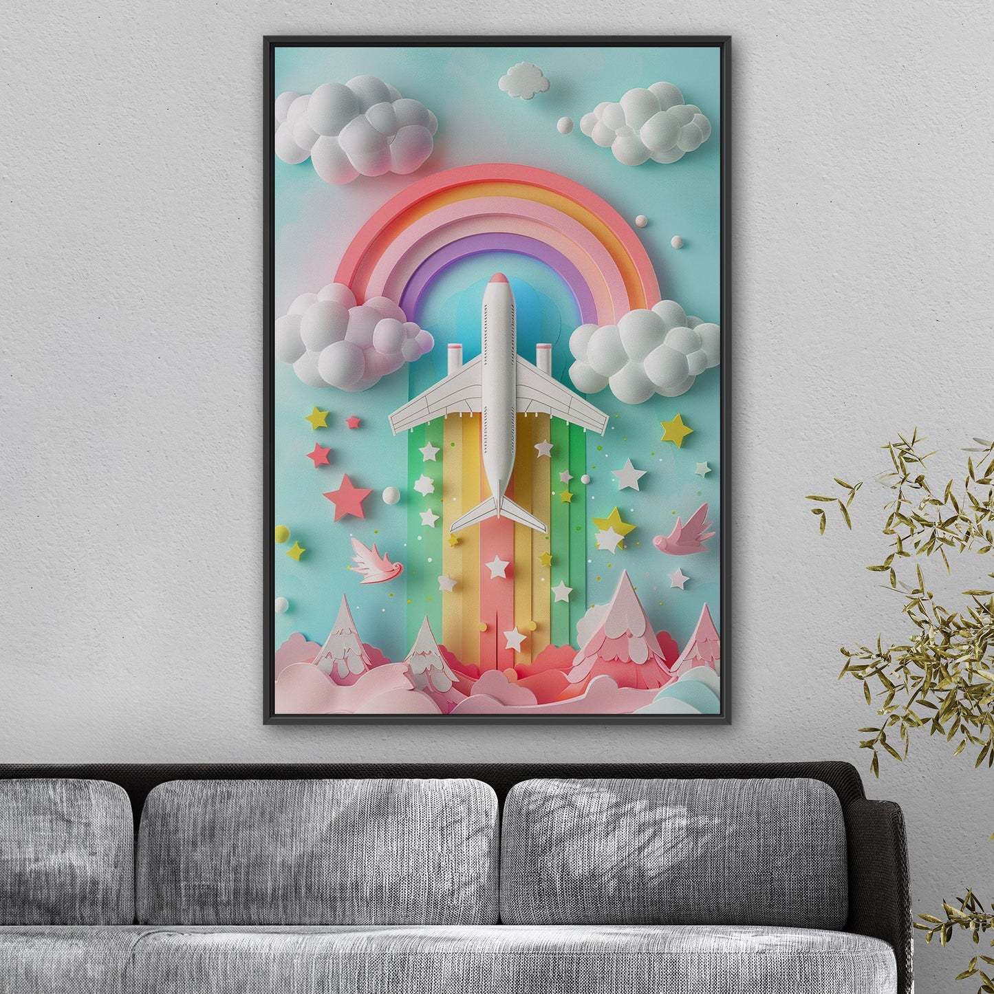 Whimsical paper-cut art featuring plane - Dreamy Rainbow Flight