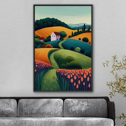 Stylized Digital Illustration of Countryside Vista - Dynamic Dreamscape