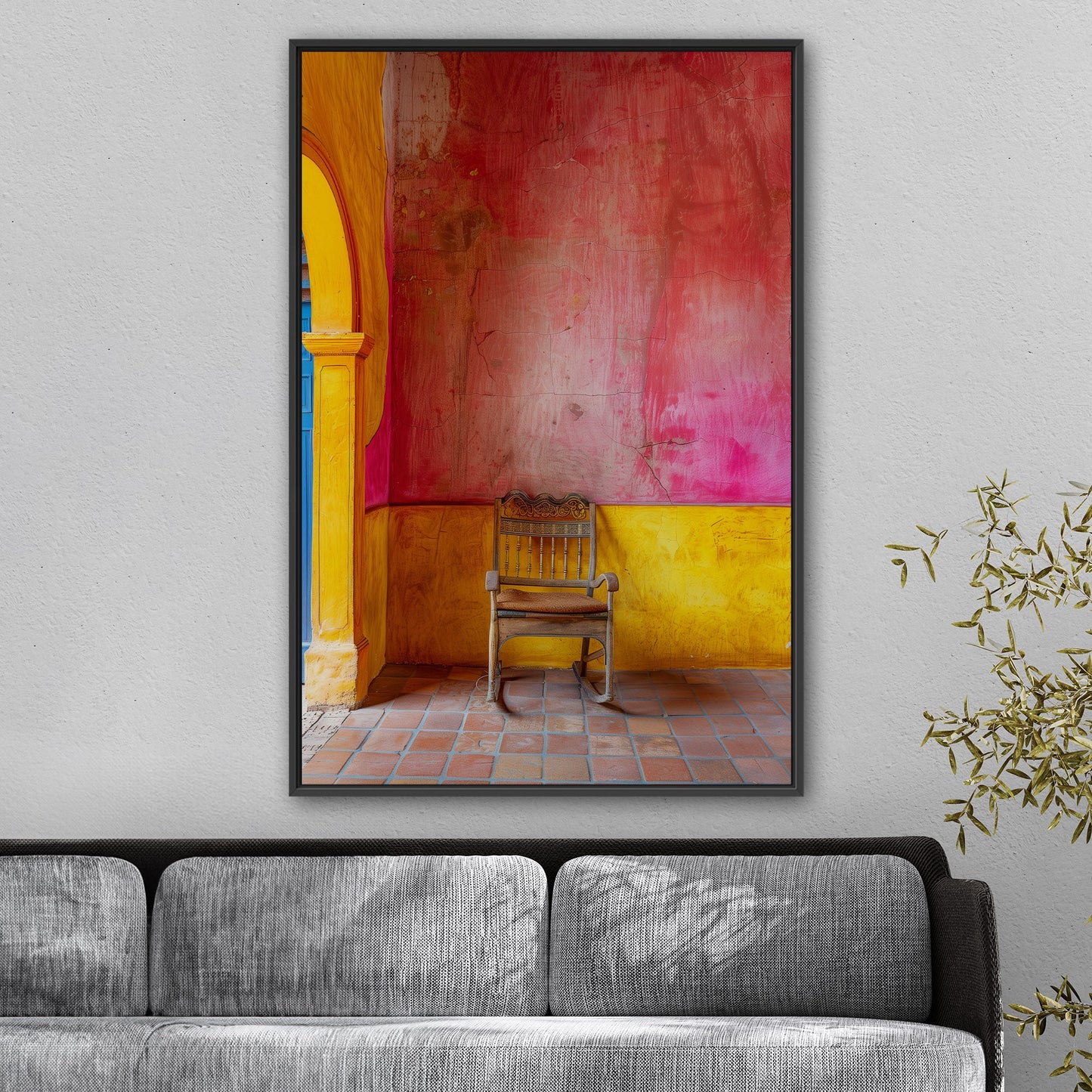 Old Wooden Chair Against a Textured Wall - Vibrant Still Life