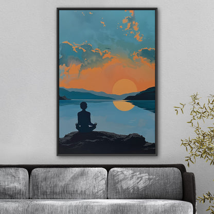 A serene landscape with a person meditating at sunrise: Transcendental Dawn Awakening